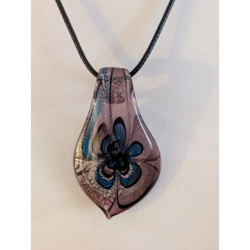 Murano Style Purple Blue Dichroic Foil Teardrop Lampwork Glass Pendant 22" Chain